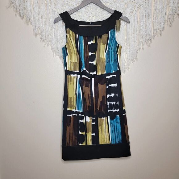 Connected Apparel Sleeveless Sheath Watercolor Black Brown Blue Size 4 - Picture 12 of 12